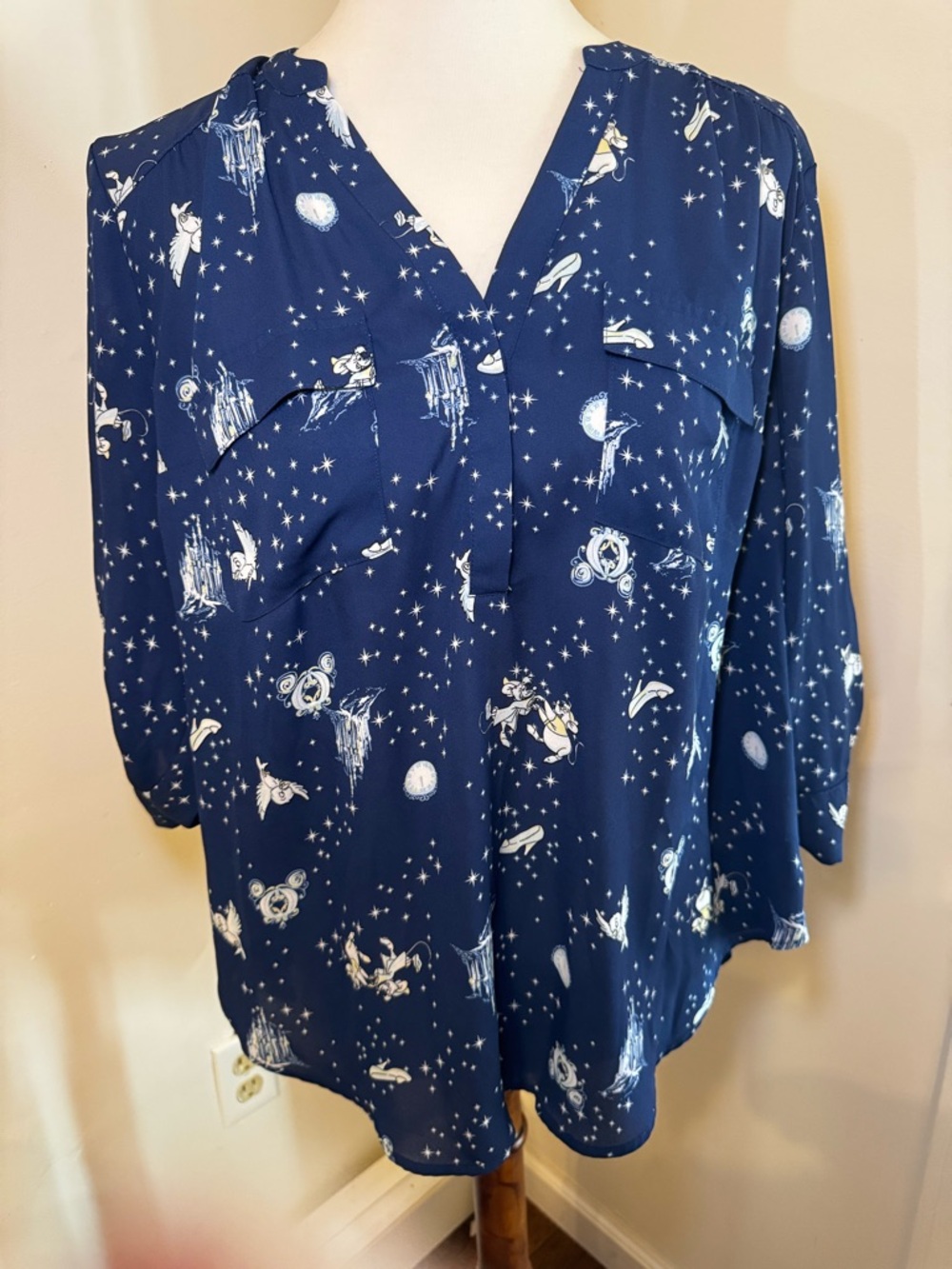 Disney Women's Navy Blue Cinderella Print V-Neck Blouse